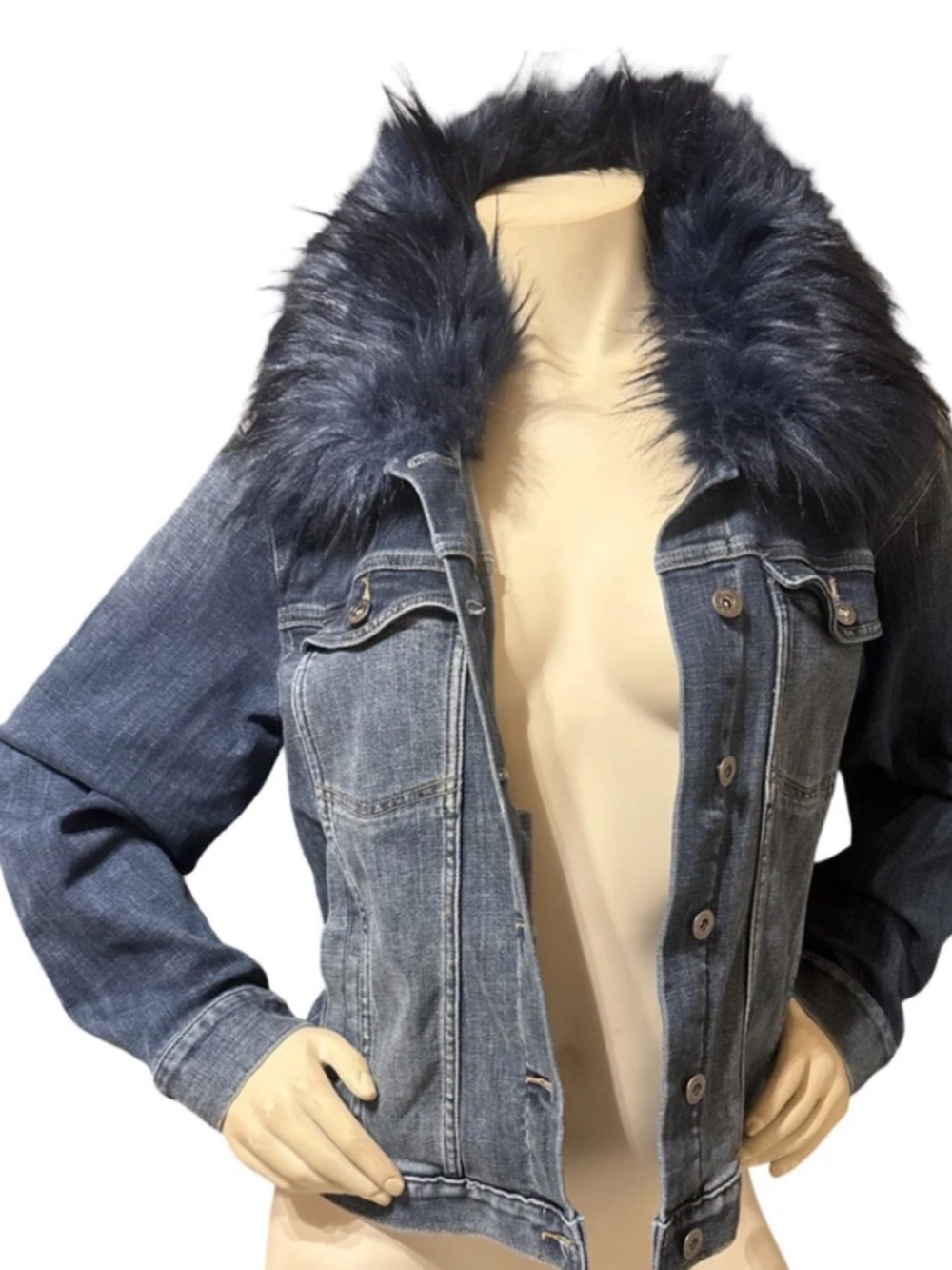 Vince Camuto Faux Fur Collar Denim Jacket XXS Y2K